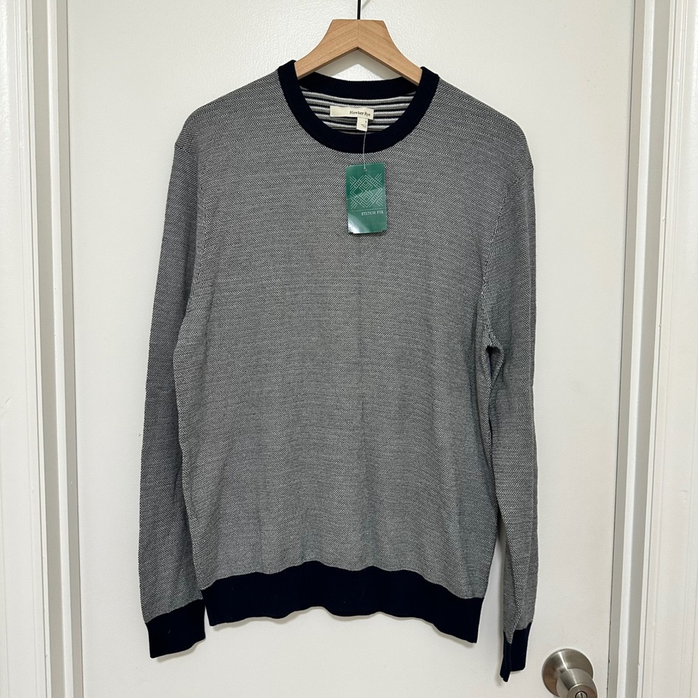 Hawker Rye| NWT Men's Navy Grey Benson Birdseye Crewneck Sweater, Size L